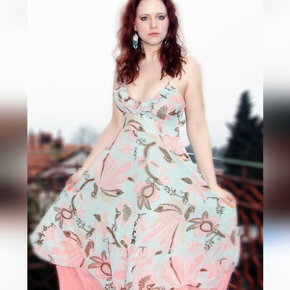 H&M Limited Edition Chiffon Boho Maxi Sundress In Pastel Print Blue/pink. Size 2 - Picture 3 of 15